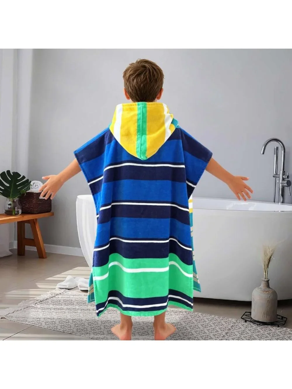 Cozy Hooded Poncho Towel for Kids 6-10Y, Soft 100% Cotton, Blue Stripes